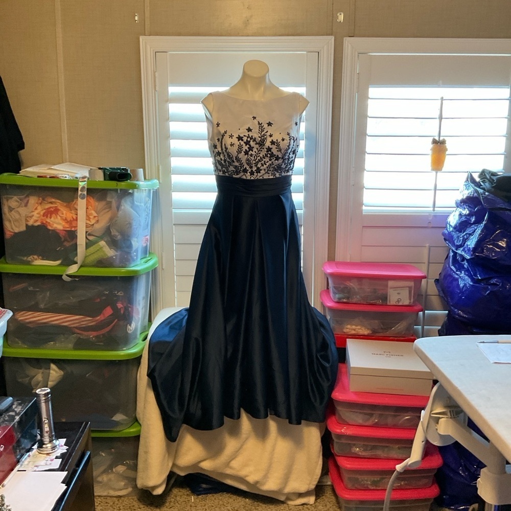 Navy and White Embroidered Satin A-Line Wedding Dress